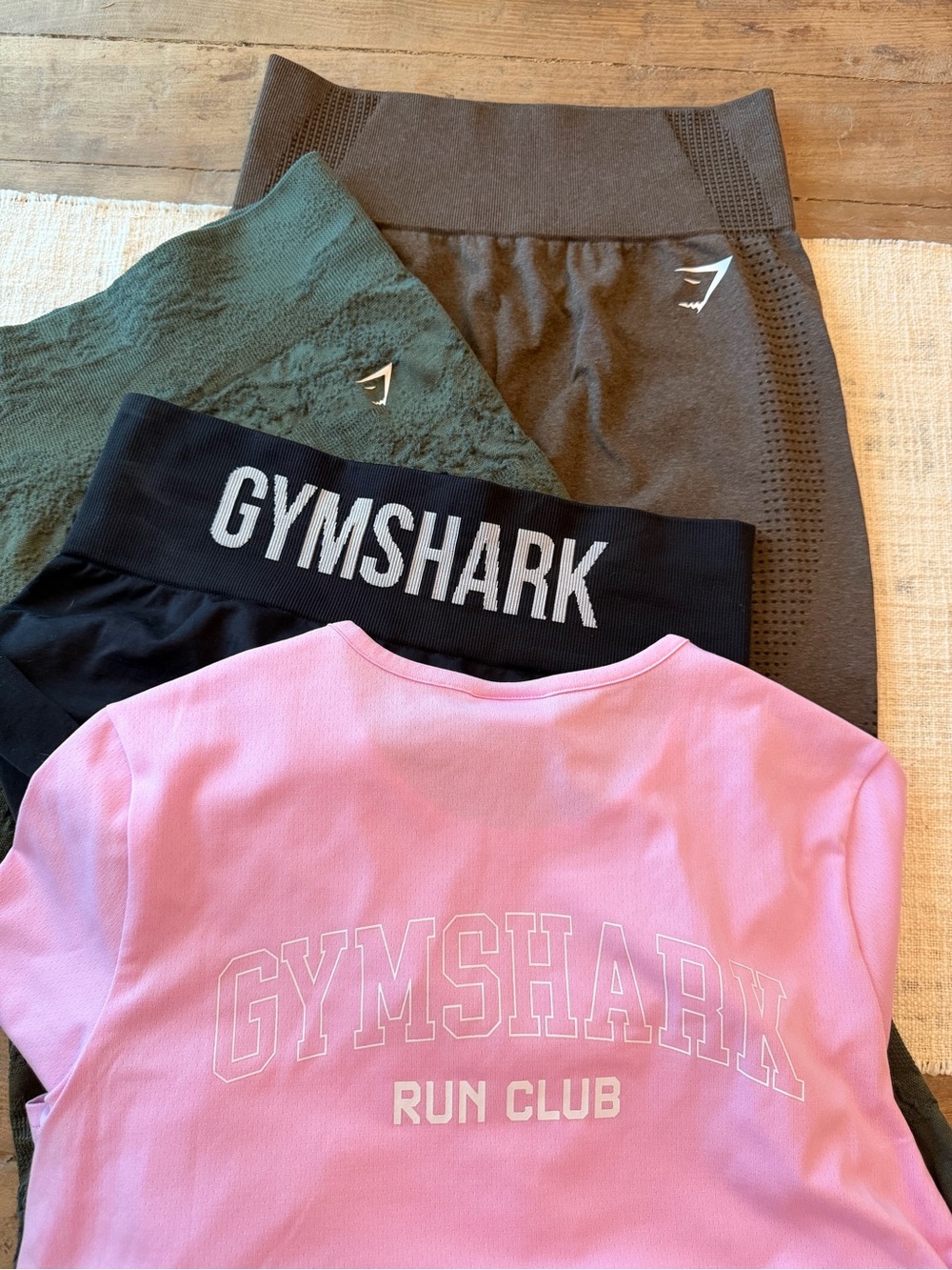 Gymshark Bundle - Pink Top with Black, Olive, and Brown leggings